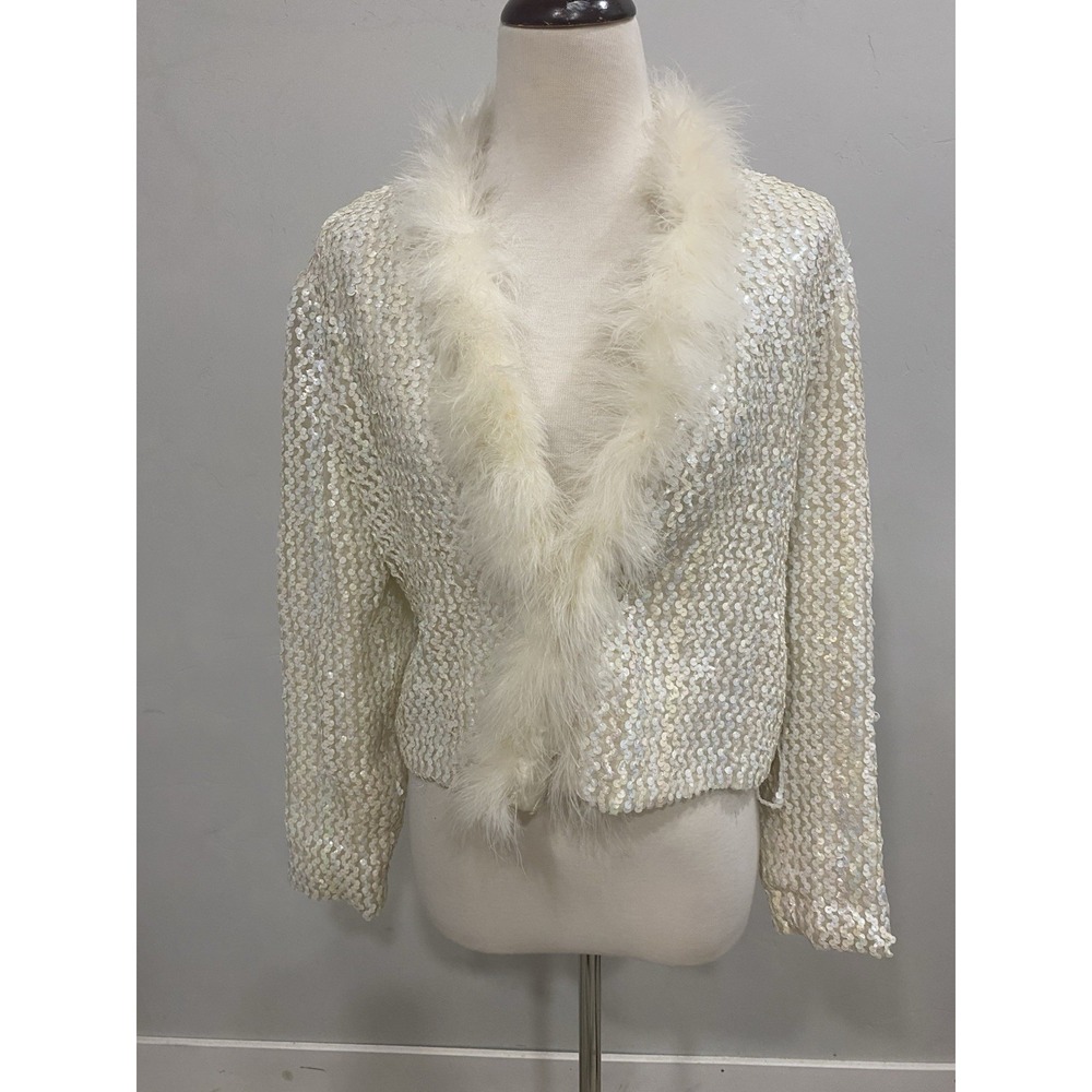VTG 60's Three Flags White Sequinned W/ Feathers Light Coat Jacket Disco Party